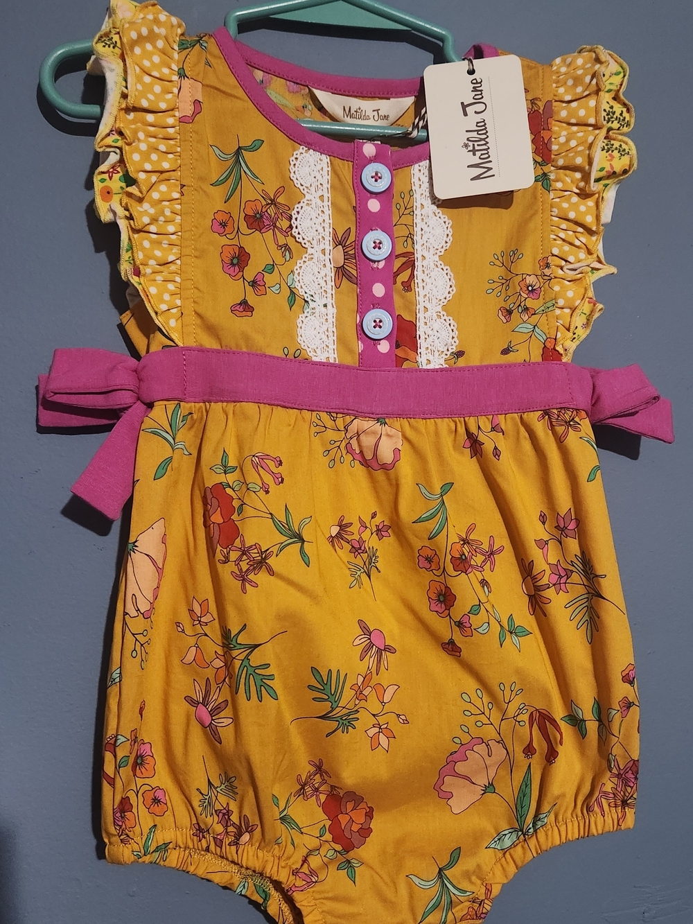 Matilda Jane Mustard Yellow Floral Bubble with Pink Accents